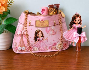 Niedliche Prinzessin Mini Geldbörse SVG, Geburtstag Party Tasche Vorlage, Rosa Favor Handtasche PNG, Cricut Mädchen Geschenk Tasche Design