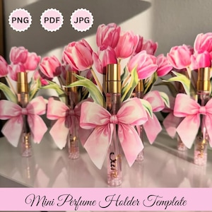 Puede incluir: Plantilla de mini soporte para perfume con botellas de vidrio transparente con tapas doradas, adornadas con lazos rosas y tulipanes rosas. Las botellas tienen la palabra "cure".