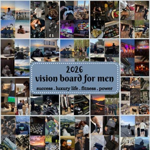 Könnte beinhalten: Eine Collage von Bildern mit einem blauen Banner mit der Aufschrift "2026 vision board for men" mit den Worten "success . luxury life . fitness . power" darunter. Die Bilder zeigen verschiedene Lifestyle-Elemente, darunter Reisen, Fitness und Luxusartikel.