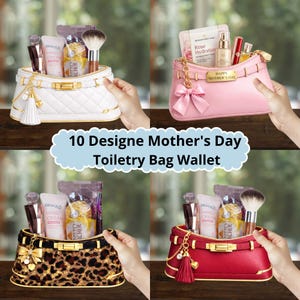 Puede incluir: Cuatro carteras de neceser en blanco, rosa, estampado de leopardo y rojo, cada una llena de productos de belleza. Las bolsas tienen detalles dorados y están decoradas con borlas y lazos. El texto de la imagen dice "10 Designe Mother's Day Toiletry Bag Wallet."
