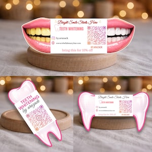 Peut inclure: Cartes promotionnelles pour les services de blanchiment des dents. Les cartes présentent des images de dents et de lèvres, avec le texte "Bright Smile Starts Here" et "Teeth Whitening by arazack". Les cartes incluent également des codes QR et une offre de réduction.