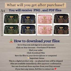 May include: Digital design featuring six graduation-themed cosmetic bags in various colors: green, navy, pink, and black. Each bag displays "She Did It 2026" with a graduation cap and cake design. The image also includes instructions for downloading files.