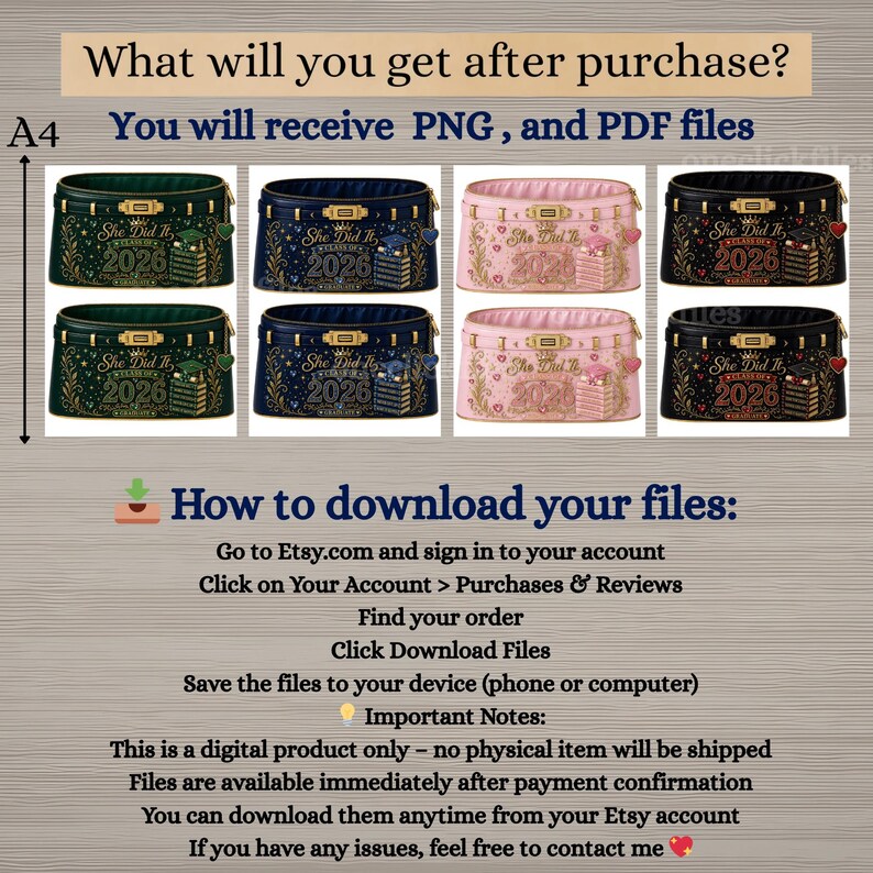 May include: Digital design featuring six graduation-themed cosmetic bags in various colors: green, navy, pink, and black. Each bag displays "She Did It 2026" with a graduation cap and cake design. The image also includes instructions for downloading files.