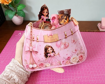 Prinzessin Geburtstagsbeutel Vorlage, Geburtstagsparty Leckerli Beutel, druckbare Mädchen Party Favor Box, rosa Mini Geldbörse PNG, Cricut SVG, DIY Geschenk
