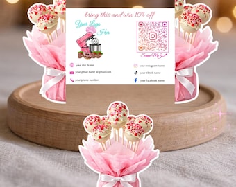 10 Visitenkarten + Cake Pops & Cakesicles | Interaktives faltbares Design mit QR-Code | Bearbeitbare Canva Vorlage | Schoko Erdbeeren