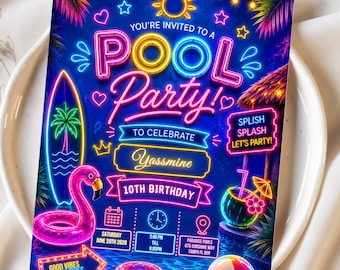 Neon Pool Party Einladungsvorlage, bearbeitbarer Sommer Geburtstag einladen für Mädchen, Tropical Glow Swim Party Canva Vorlage