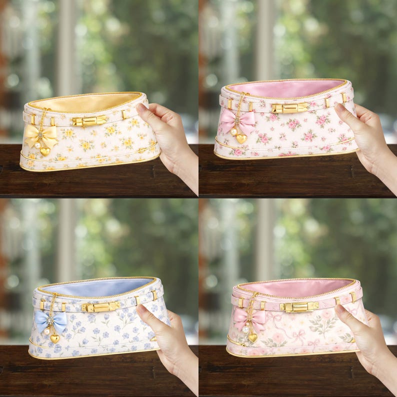 May include: Four floral-patterned cosmetic bags in yellow, pink, blue, and pink. Each bag has a gold-tone clasp, bow, and charm. The bags are rectangular with a curved top and are held by hands.