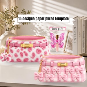 May include: Two pink purses with gold hardware and bow accents. One purse has a white and pink spotted pattern, the other has a pink and white checkered pattern with multiple bows. The text "15 designe paper purse template" is visible.