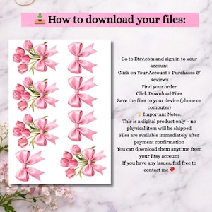 Puede incluir: Descarga digital con lazos rosas y ramos de tulipanes. La imagen incluye instrucciones sobre c&oacute;mo descargar archivos de Etsy. El texto dice: "C&oacute;mo descargar tus archivos:" y proporciona los pasos para acceder al producto digital.