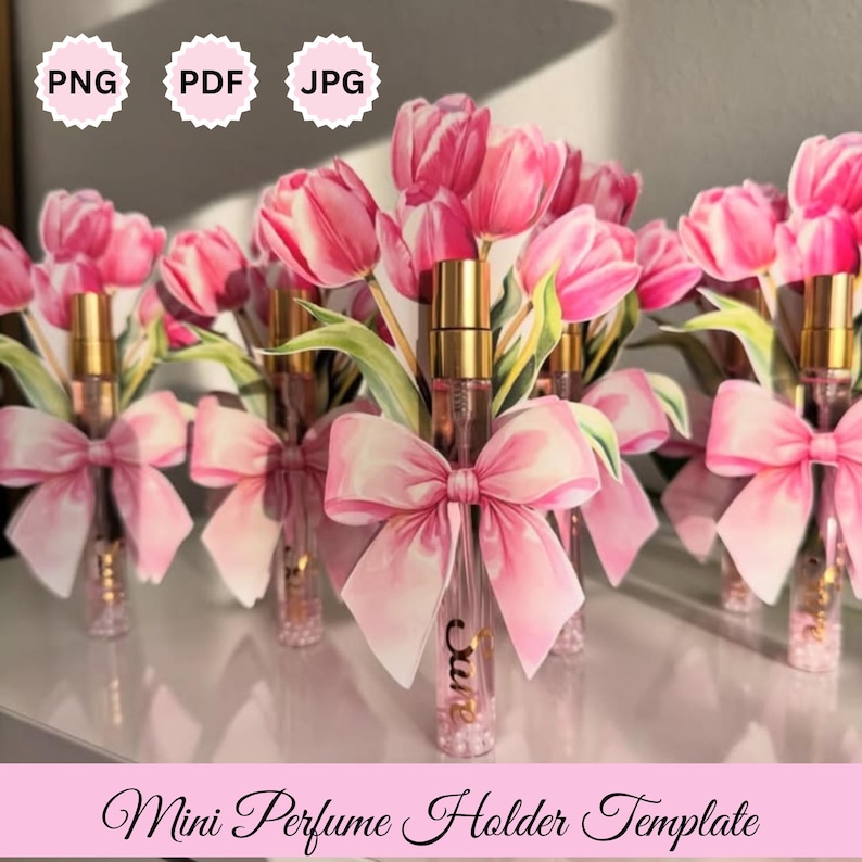 Puede incluir: Plantilla de mini soporte para perfume con botellas de vidrio transparente con tapas doradas, adornadas con lazos rosas y tulipanes rosas. Las botellas tienen la palabra "cure".