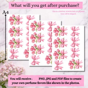 Puede incluir: Descarga digital con dise&ntilde;os florales y lazos rosas. La imagen incluye el texto "What will you get after purchase?" y "You will receive: PNG, JPG and PDF files to create your own perfume favors like shown in the photos."