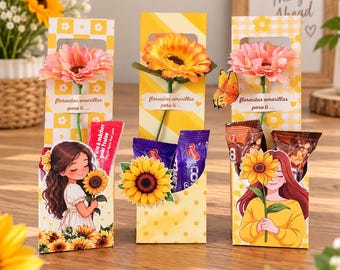 Vänskapsgåvor med gul blomma, Flores Amarillas-present, godishållare med solros, present till 21 september, idéer för gula blommor på dagen bng
