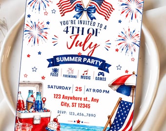 4. Juli Einladungsvorlage, Einladung zum Unabhängigkeitstag der USA, Sommerparty-Einladung, bearbeitbare Canva Sommer 4. Juli einladen