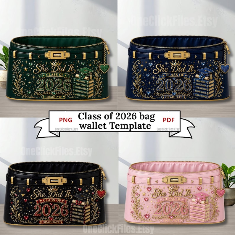 May include: Four graduation-themed wallet bags in green, navy, black, and pink. Each bag features the text "She Did It, Class of 2026, Graduate" with decorative elements. The bags have a rectangular shape with a zipper closure and gold accents.