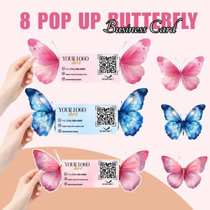 May include: Pop-up butterfly business cards. The cards feature watercolor butterfly wings in pink and blue, with contact information and a QR code. The text on the card reads "YOUR LOGO her" and "SCAN ME".