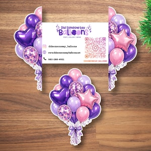 May include: Business card featuring a balloon bouquet design. The card shows a cluster of purple, pink, and confetti balloons, including heart and star shapes. The text "Did Someone Say Balloons" is displayed, along with contact details.