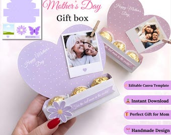 Szablon pudełka prezentowego do druku na Dzień Matki, spersonalizowany prezent DIY dla mamy, edytowalne pudełko Canva, pudełko na upominki na imprezę, natychmiastowe pobranie A4