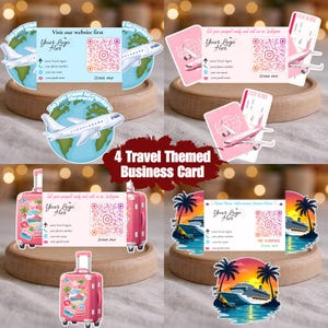 Può includere: Sono esposti quattro biglietti da visita a tema viaggio. Uno presenta un globo con un aereo, un altro un passaporto e un aereo, e altri due mostrano una valigia e una nave da crociera. Ogni biglietto include un codice QR e il testo "Your Logo Here."