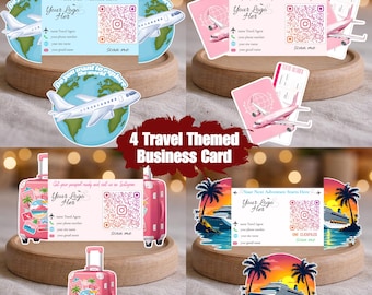 4 Visitenkartenvorlage zum Thema Reisen, bearbeitbares gefaltetes Visitenkartendesign für Reisebüroagenten, druckbare trendige Visitenkarte, Canva QR-Code
