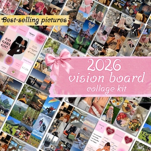 Peut inclure: Un ensemble d'images composant un kit de vision board, avec le texte "2026 vision board collage kit" en rose. Les images incluent des scènes de voyage, de la nourriture et des citations de motivation. Un nœud rose est en vedette.