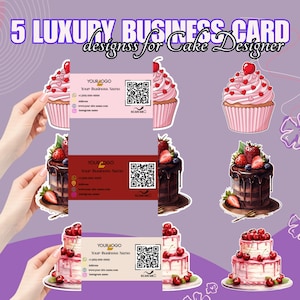 Peut inclure: Cinq modèles de cartes de visite de luxe pour un pâtissier. Les cartes présentent des illustrations de cupcakes et de gâteaux aux cerises et aux fraises. Les cartes comportent un code QR et un espace pour un logo, un nom commercial, un numéro de téléphone et un site Web.