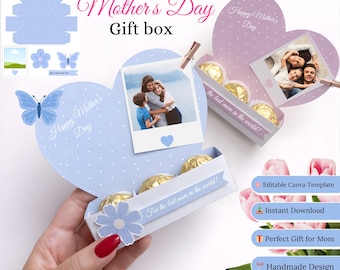 Gepersonaliseerde moeder geschenkdoos – DIY chocolade en snoep, bewerkbare canvassjabloon, feestgunst voor Moederdag moeders cadeau diy chocokate bng canva