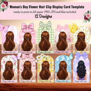 Plantilla imprimible para tarjetas de presentación de pinzas para el cabello / Tarjeta de empaque para lazos para el cabello / Suministros para pequeñas empresas / Plantilla editable en Canva / Tarjeta con diseño floral para pinzas para el cabello