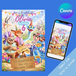 Op de afbeelding: Een kleurrijke verjaardagsuitnodiging met tekenfilmfiguren, de tekst "Join us to celebrate! Olivia is turning 6" en evenementdetails. Een smartphone toont dezelfde uitnodiging. Het Canva-logo is zichtbaar.