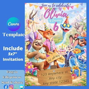 Op de afbeelding: Een kleurrijke verjaardagsuitnodiging met cartoon dierenfiguren. De uitnodiging bevat de tekst "Join us to celebrate! Olivia is turning 6." De sjabloon is eenvoudig te bewerken, af te drukken en te delen.