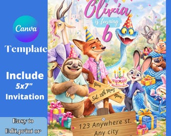 Zootopia Birthday Invitation, Animal City Kids Party Invite, Canva Template (Digital Download)