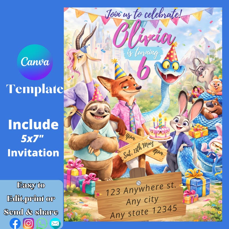 Op de afbeelding: Een kleurrijke verjaardagsuitnodiging met cartoon dierenfiguren. De uitnodiging bevat de tekst "Join us to celebrate! Olivia is turning 6." De sjabloon is eenvoudig te bewerken, af te drukken en te delen.