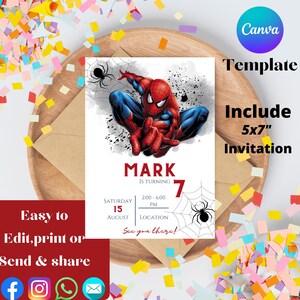 スパイダーマンの誕生日招待状テンプレート、すぐにダウンロード可能 - 印刷可能なスパイダーマンの誕生日パーティー招待状 - 編集可能な男の子向けパーティー招待状