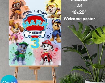 Placa de boas-vindas para aniversário da Patrulha Canina | Placa de boas-vindas editável para filhotes | Modelo de placa de boas-vindas do Canva | Festa de aniversário com patas | Hora da pata