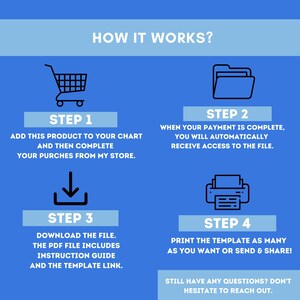 Op de afbeelding: Blauwe infographic "Hoe het werkt?" met vier stappen. Stap 1: Product toevoegen aan winkelwagen. Stap 2: Toegang tot bestand ontvangen. Stap 3: Bestand downloaden. Stap 4: Afdrukken of delen. Bevat winkelwagen-, map-, downloadpijl- en printerpictogrammen.
