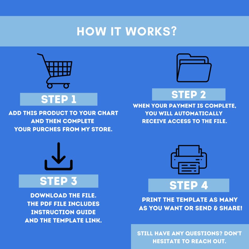 Op de afbeelding: Blauwe infographic "Hoe het werkt?" met vier stappen. Stap 1: Product toevoegen aan winkelwagen. Stap 2: Toegang tot bestand ontvangen. Stap 3: Bestand downloaden. Stap 4: Afdrukken of delen. Bevat winkelwagen-, map-, downloadpijl- en printerpictogrammen.
