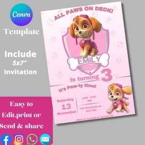 May include: A pink birthday invitation featuring a cartoon character, the text "ALL PAWS ON DECK!" and "EMILY is turning 3". The invitation includes the text "It's Paw-ty time!" and event details. The Canva template is easy to edit, print, or share.