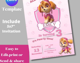 Puppy Patrol Birthday Invitation | Skye, Girl Paw Party (5x7 in, Editable Template)