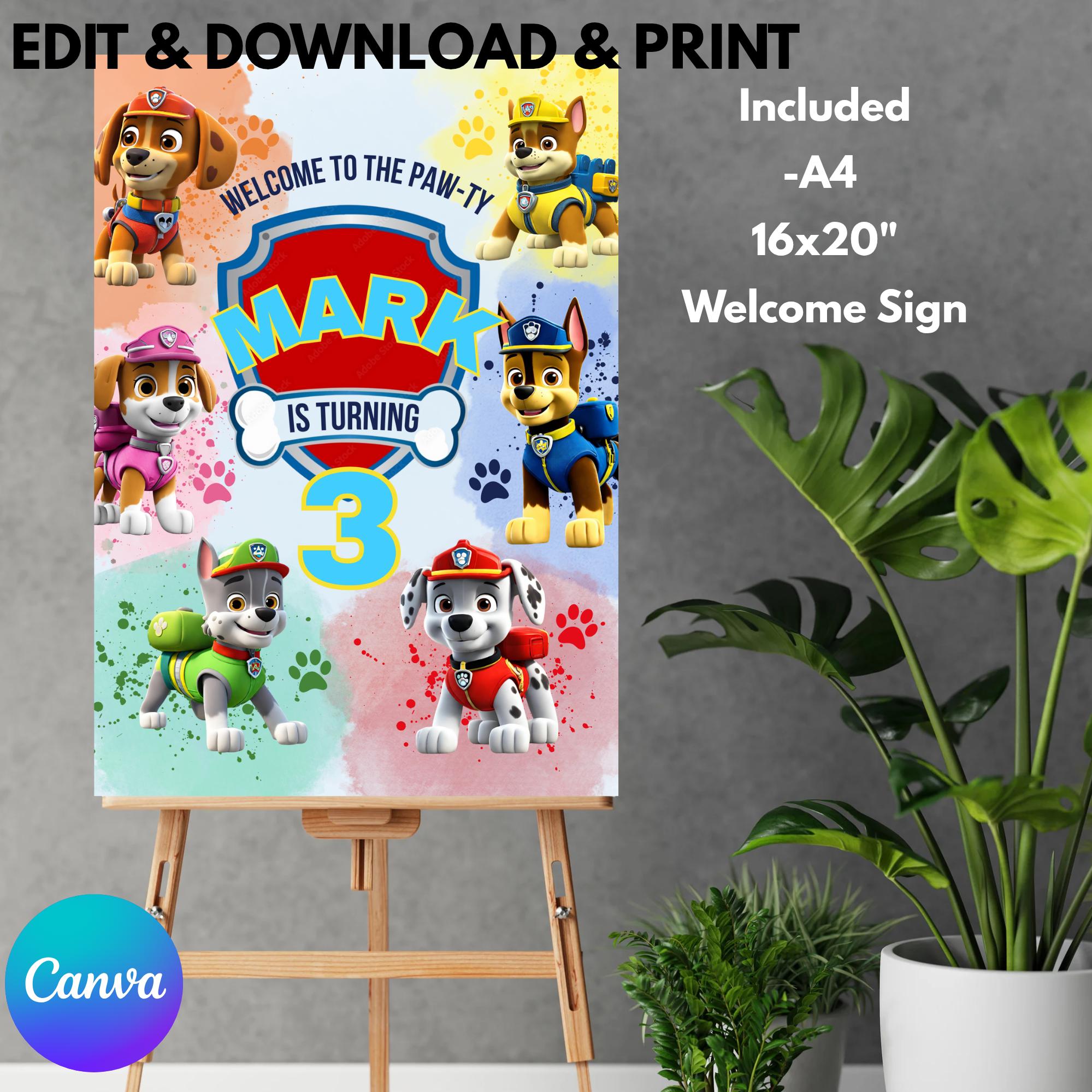 Placa de boas-vindas para aniversário da Patrulha Canina | Placa de boas-vindas editável para filhotes | Modelo de placa de boas-vindas do Canva | Festa de aniversário com patas | Hora da pata