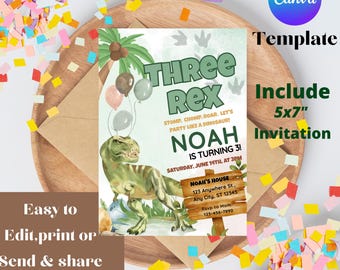 Three Rex dinosaur electronic invitation Printable Template Instant download Two Rex Dino 3rd Birthday Party Invite Dinosaur birthday