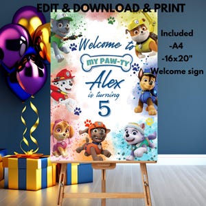Puppy Patrol Birthday Welcome Sign | Editable puppy Welcome Sign | Canva Template Welcome Sign | Paw Birthday Party | paw-ty time