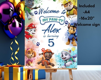 Placa de boas-vindas para aniversário da Patrulha Canina | Placa de boas-vindas editável para filhotes | Modelo de placa de boas-vindas do Canva | Festa de aniversário com patas | Hora da pata