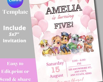 Puppy Patrol Editable Invitation | Puppies Printable Birthday Invite girl | paw party invitation | Kids Birthday Invite template