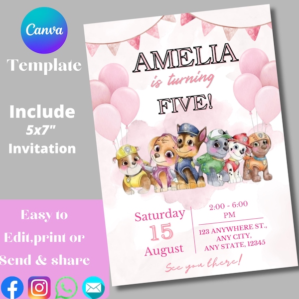 Puppy Patrol Editable Invitation | Puppies Printable Birthday Invite girl | paw party invitation | Kids Birthday Invite template