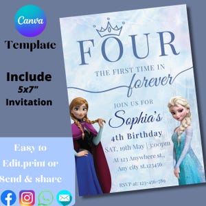 Frozen Four The First Time In Forever Birthday Invitation Frozen 4th Birthday Invitation Kids Fourth Party Invite Elsa Anna Theme EDITABLE