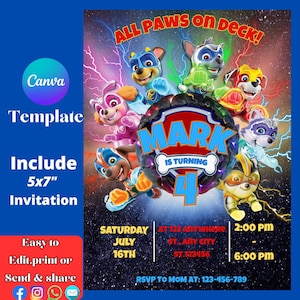 Invitación editable de la Patrulla de Cachorros / Invitación de cumpleaños imprimible de cachorros para niño/niña / Invitación para fiesta de cachorros / Plantilla de invitación de cumpleaños para niños