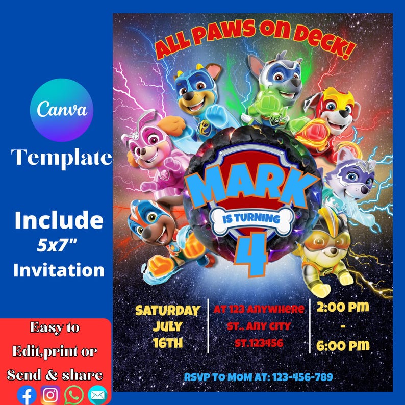Puppy Patrol Editable Invitation | Puppies Printable Birthday Invite boy/girl | paw party invitation | Kids Birthday Invite template image 1