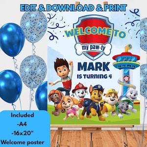 Puppy Patrol Birthday Welcome Sign | Editable puppy Welcome Sign | Canva Template Welcome Sign | Paw Birthday Party | paw-ty time