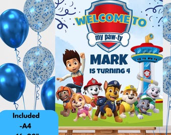 Placa de boas-vindas para aniversário da Patrulha Canina | Placa de boas-vindas editável para filhotes | Modelo de placa de boas-vindas do Canva | Festa de aniversário com patas | Hora da pata