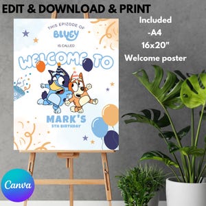 Editable Blue Dog Birthday Welcome Sign, Blue Dog Birthday Poster, Kids Birthday Decoration, Blue Dog Party Welcome Poster