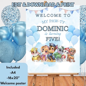 Puppy Patrol Birthday Welcome Sign | Editable puppy Welcome Sign | Canva Template Welcome Sign | Paw Birthday Party | paw-ty time